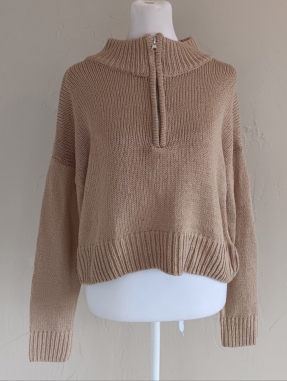 Boho Half-Zip Soft Slouchy Knit Pullover Sweater Beige Cropped Long Sleeve S